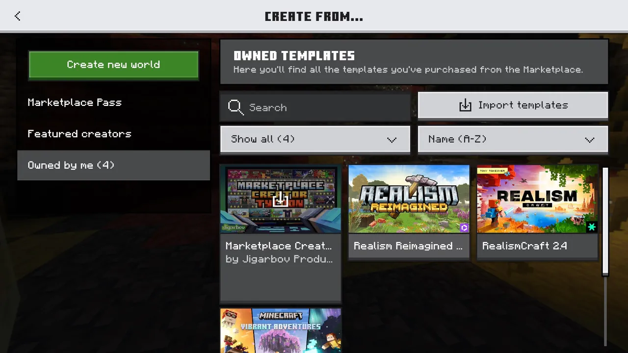 Create a new world with the Realism Reimagined HD template