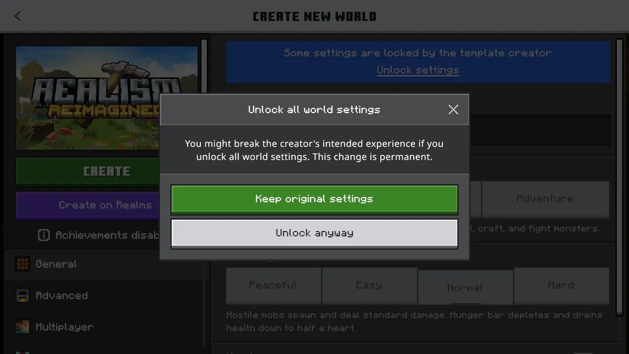 Unlock the world settings